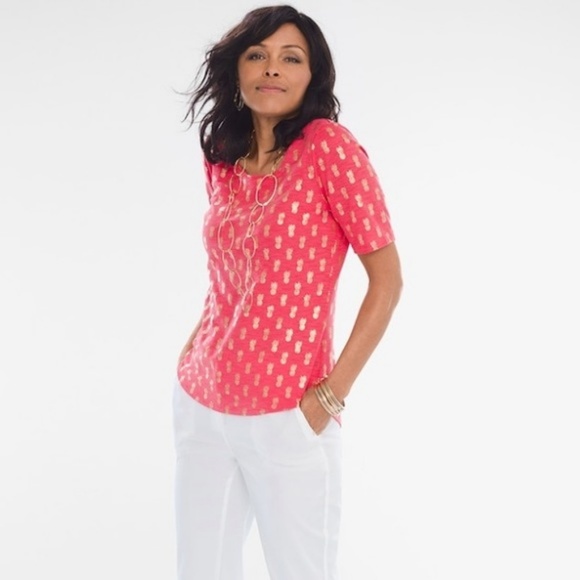 🍍CHICO’S Coral & Gold Metallic Pineapple Slub Knit Tee Chico's 1 - Picture 6 of 8